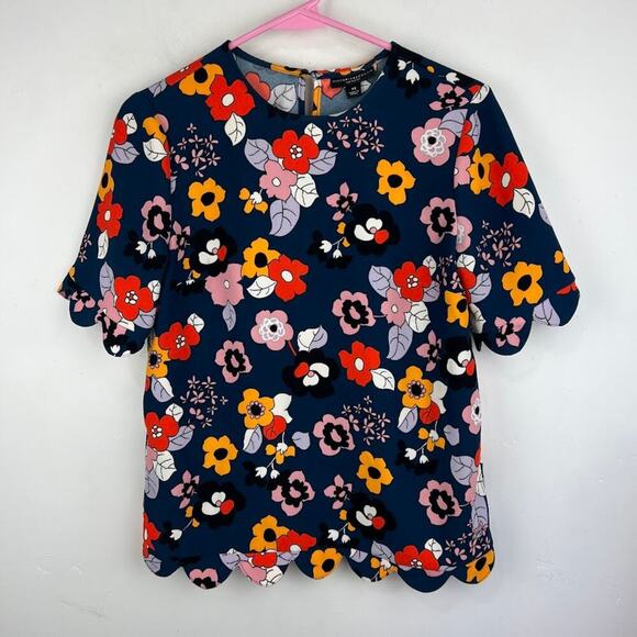 Victoria Beckham for Target Navy Floral Blouse Size xs scalloped hem - Picture 2 of 7